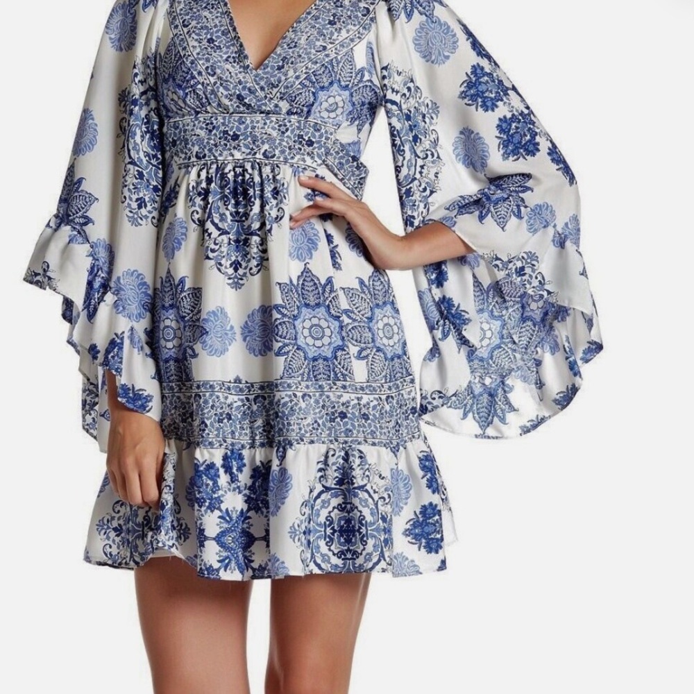 Betsy Johnson—Festival Girl Printed Ivory Blue Boho Ruffled Dress